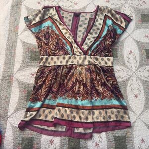 Nicole Scarf Print Paisley Babydoll Tunic Top M Boho V Neck Cap Sleeve